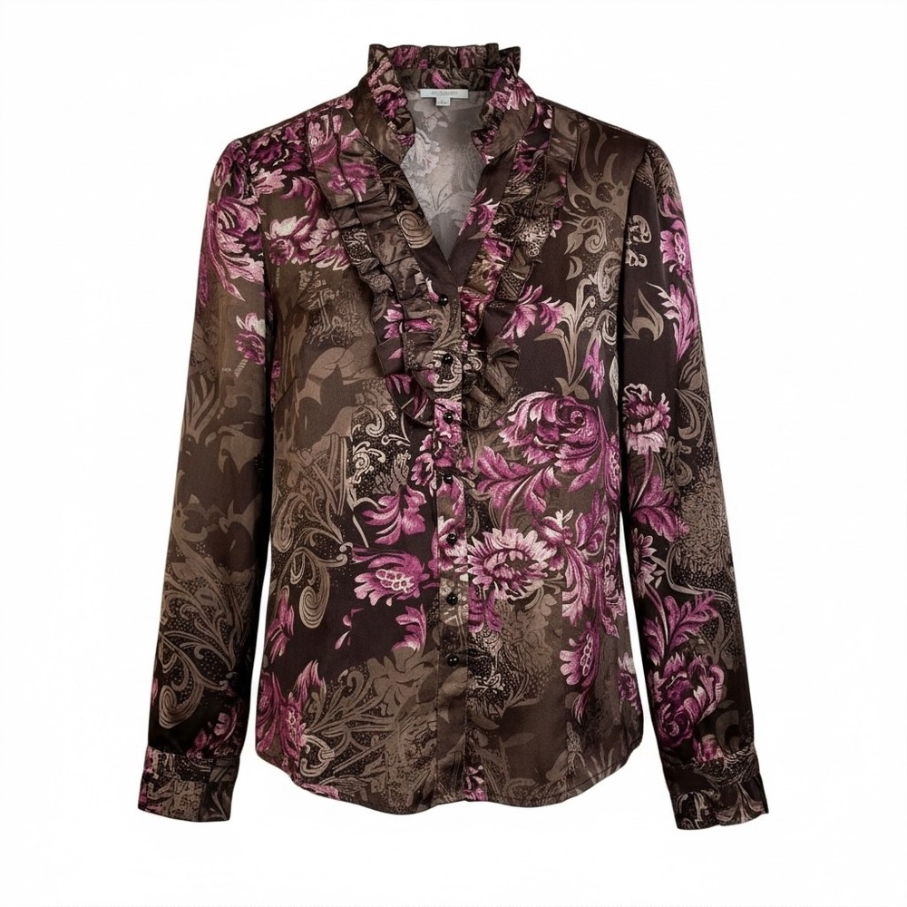 Agora Brown Floral Ruffle Collar Long Sleeve Blouse Size M Regency Cottagecore